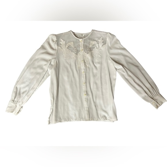 Vintage Tops - Vintage 80s Button Down White Blouse Floral Embroidery